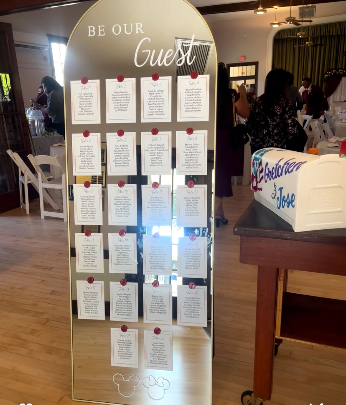 A 'Be Our Guest' seating chart display for Gretchen and Jose's reception