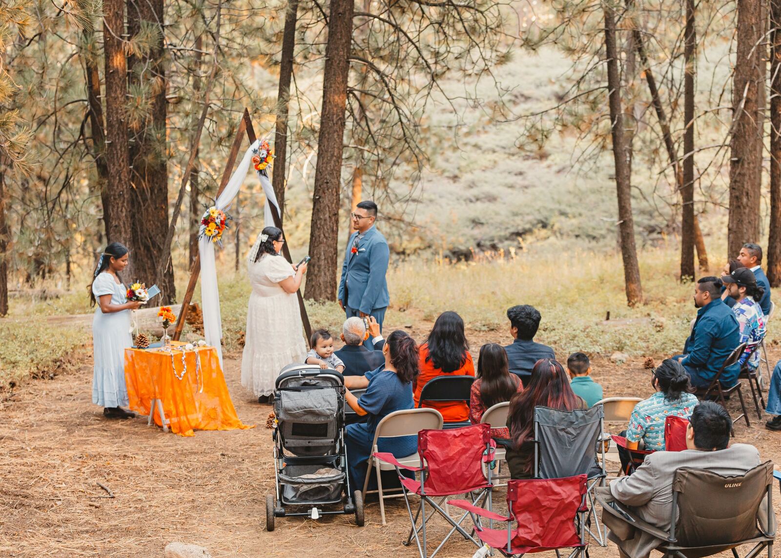 Guests seated among the pines during Estella and Derek's outdoor ceremony